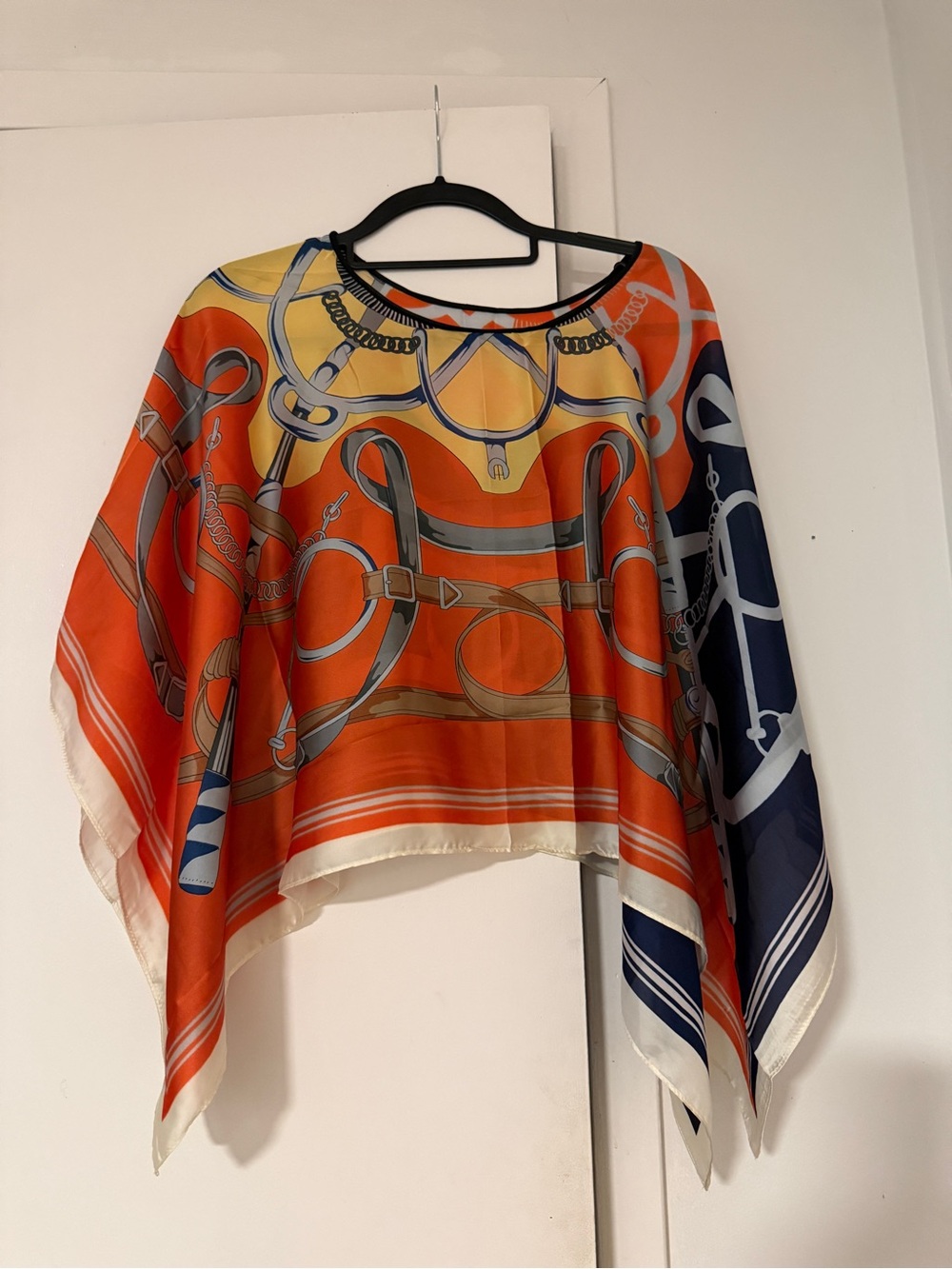 Silk-Style Orange Navy Print Poncho Top